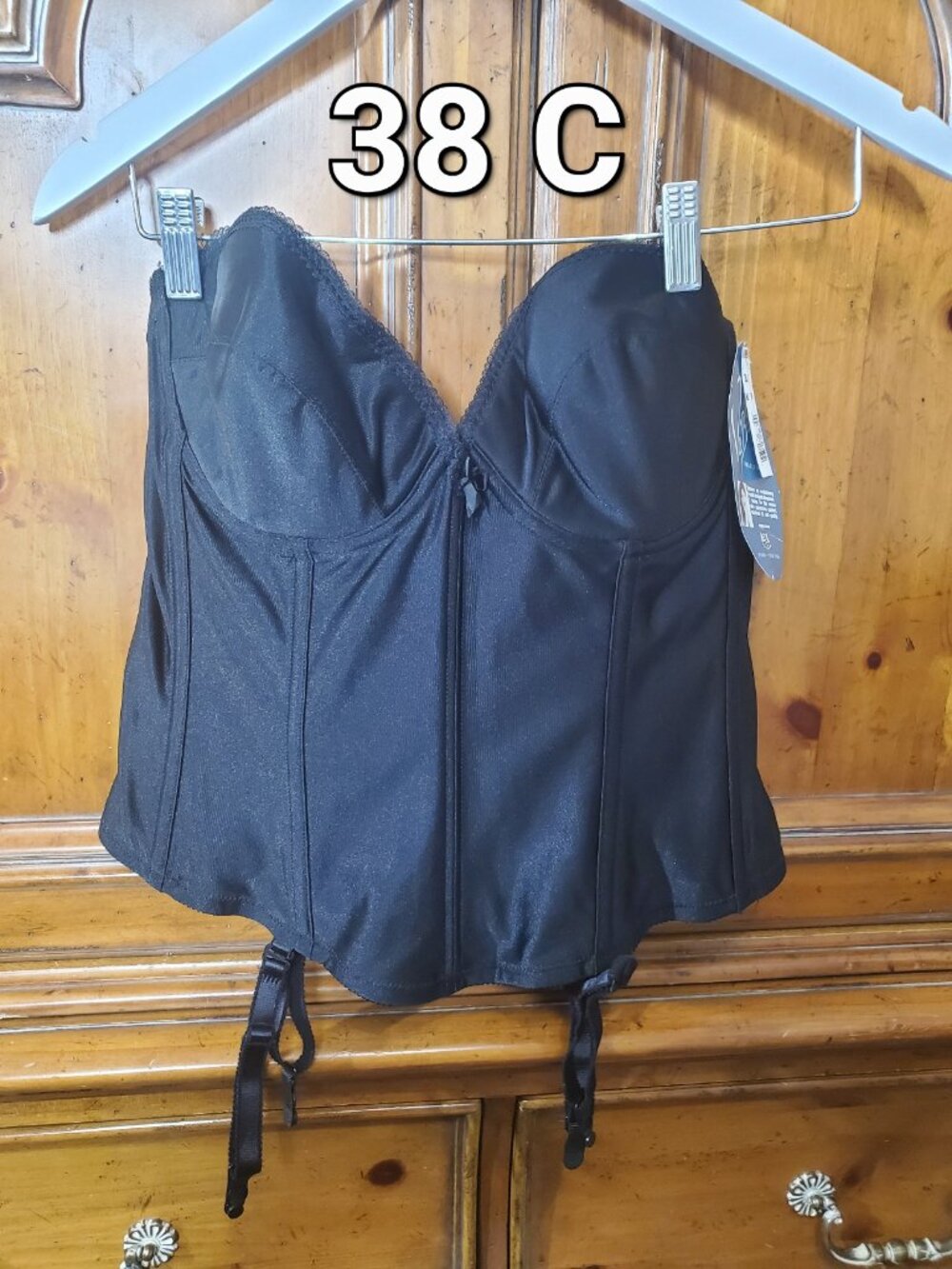 Vtg NOS Va Bien Strapless Corset Bustier Low Back 38C Black NWT Garter Straps